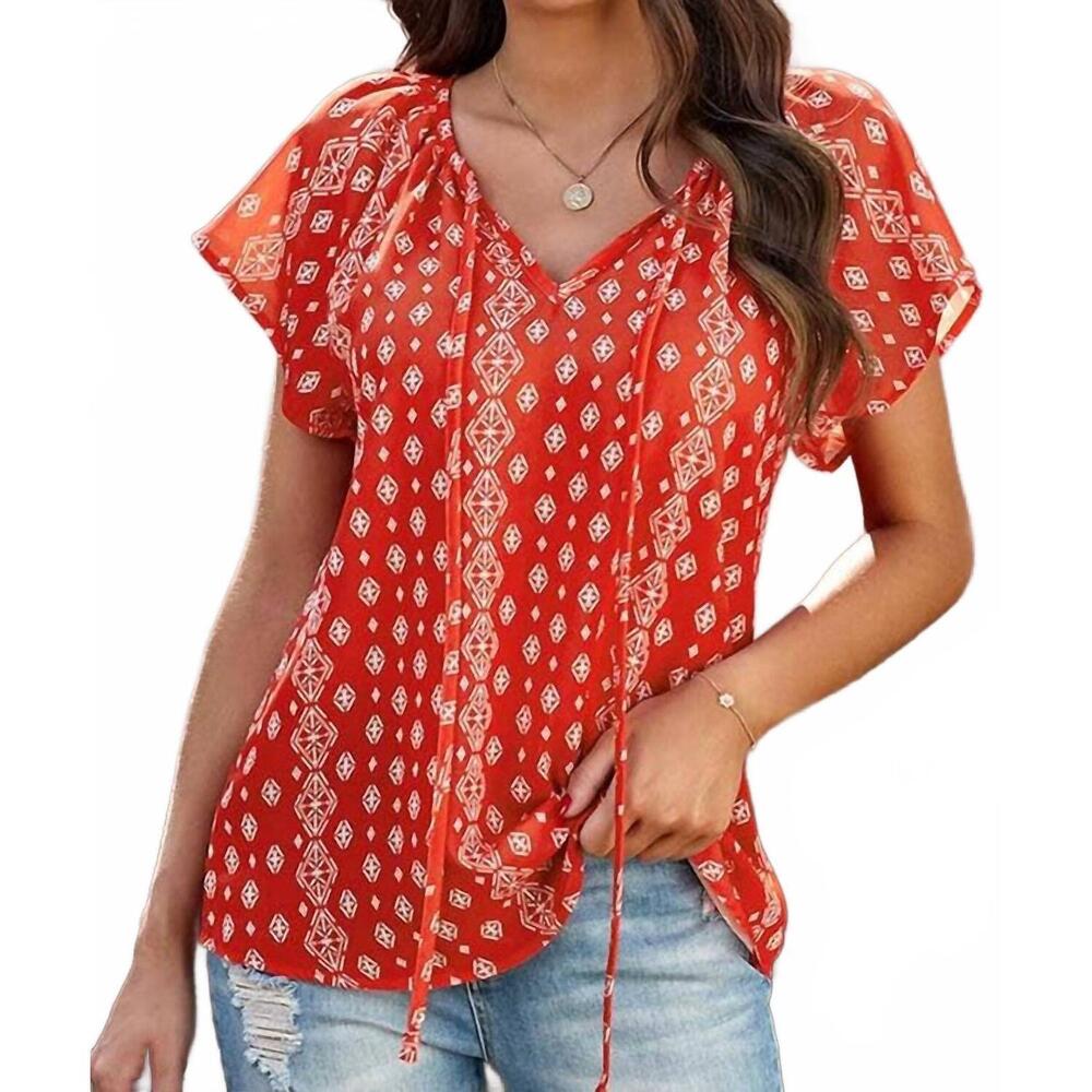 NEW ESLEY COLLECTION floral print short sleeve blouse in red